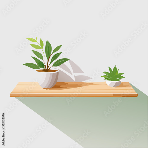 Stylish indoor potted plants on a minimalist wooden shelf, bringing natural decor and freshness to any modern interior space