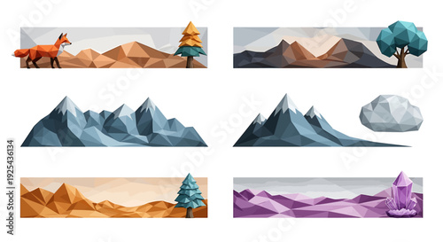 Watercolor landscape banner set featuring mountains trees and a fox.
