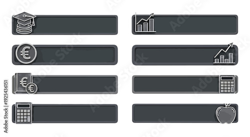 Educational and Financial Icons on Dark Rectangular Backgrounds.