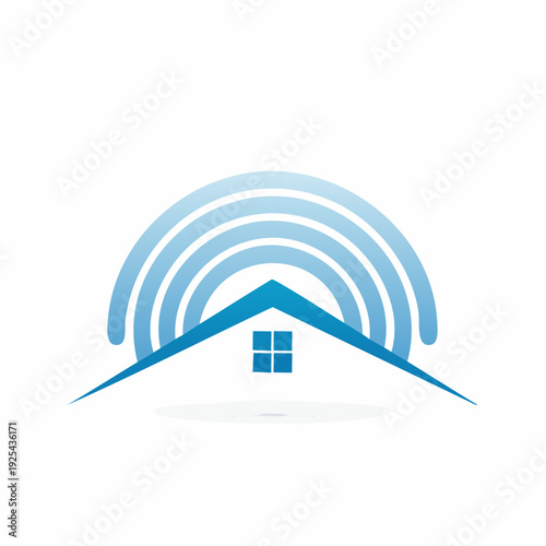 Modern house roof with radiating waves symbolizing wireless connectivity and home network