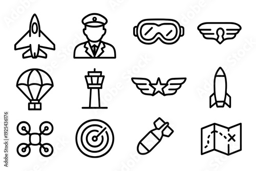 Aviation icon set: pilot, jet, goggles, and more in linear design