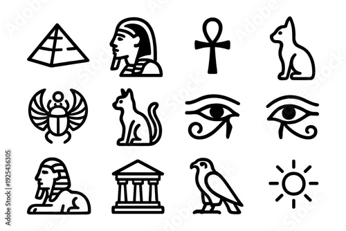 Ancient egyptian symbols and icons set featuring pyramids, anubis, hieroglyphs, and more in modern outline style