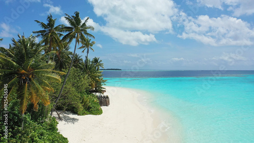 Tableau sur toile The photo shows the Maldives with crystal-clear turquoise water, soft white sandy beaches, and tall palm trees