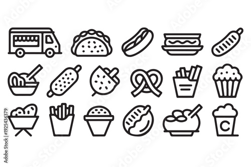 Street food truck and fast food snack line icon set with taco hot dog corn dog pretzel french fries muffin and cupcake on transparent