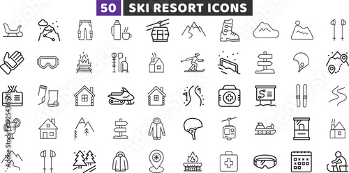 Ski resort and winter sports line editable icon set. Vector outline symbols of snow activities.
