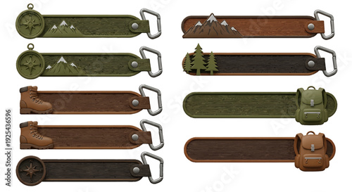 Collection of outdoor adventure themed banners with various icons and designs for travel and exploration.