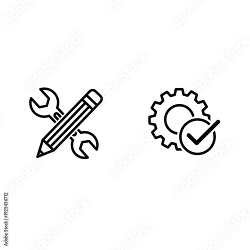Set of icons representing correction tool and fault fixing with wrench, pencil, gear, and checkmark for concepts like repair, development, and problem solving.