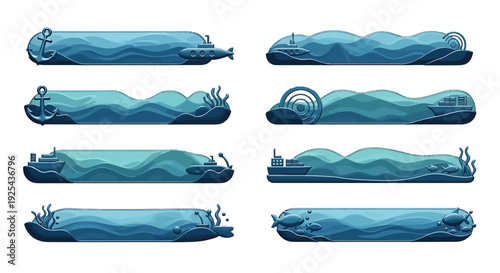Artistic collection of ocean wave banners with marine elements.