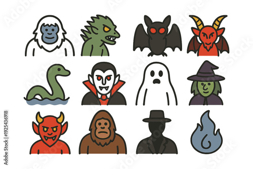 Cartoon icons of mythical and horror creatures in flat style