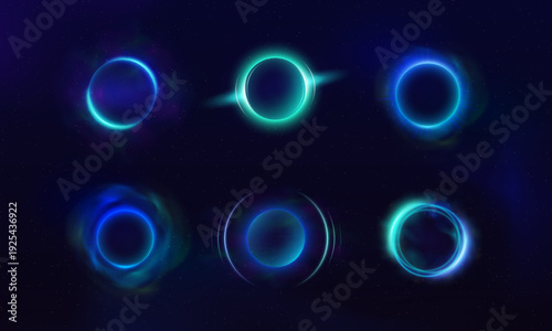 Sphere with blue neon halo effect, glowing rings with luminous smoke aura and rays on dark background vector design