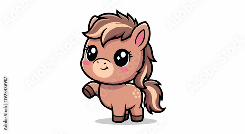 A cute cartoon horse with a brown mane and tail standing on a white background with a playful mood.
