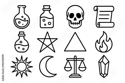 Mystical icons set with alchemy symbols and astrology elements in linear style
