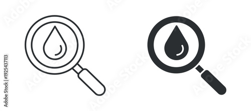 Water research icon set, liquid analysis symbol, magnifying glass drop sign, quality testing vector illustration