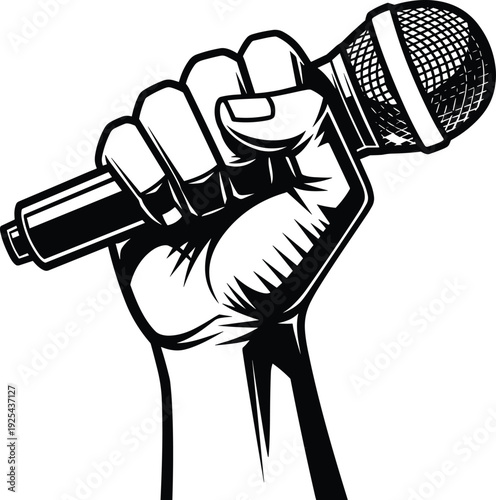 Black and white vector illustration of a clenched fist holding a microphone tightly symbolizing freedom of speech protest music performance or karaoke events