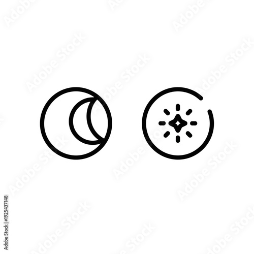 Minimalist black line icons depicting a waning crescent moon and a subtle radiating starburst.