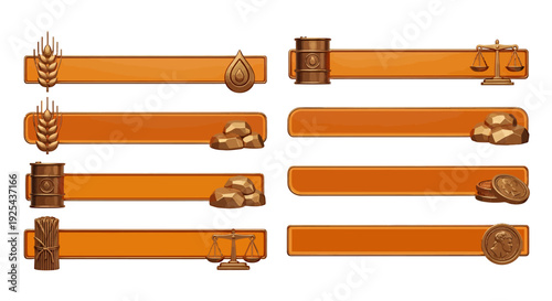 Set of eight golden banners with wheat and barrel elements.