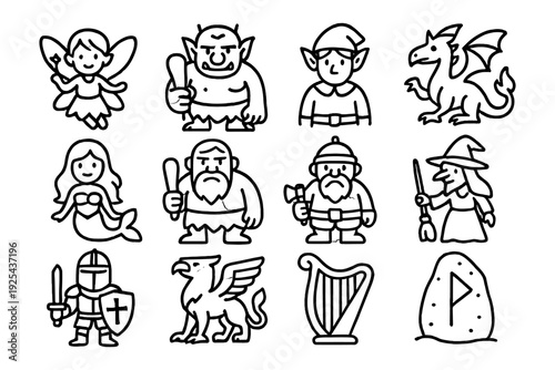 Fantasy characters line art set featuring magical creatures and mythical figures in simple style