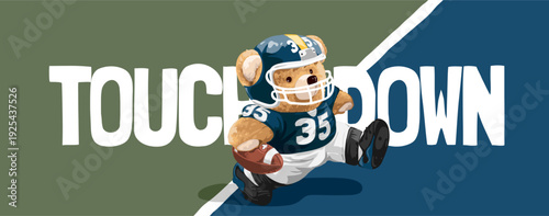 touchdown slogan with bear doll American football player vector illustration