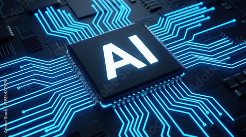 Artificial intelligence microchip on a glowing blue circuit board representing futuristic computing technology.