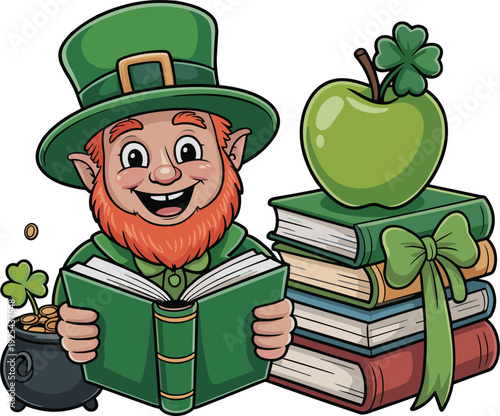 Cute St. Patrick’s Day Leprechaun Reading Book with Shamrock Apple and Pot of Gold Cartoon Illustration