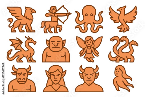 Fantasy mythical creatures collection in bold outline style