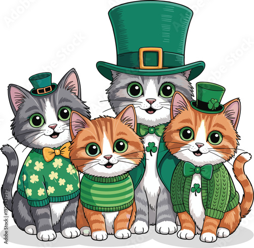 Cute St. Patrick’s Day Cats in Green Leprechaun Hats with Shamrock Outfits Cartoon Illustration