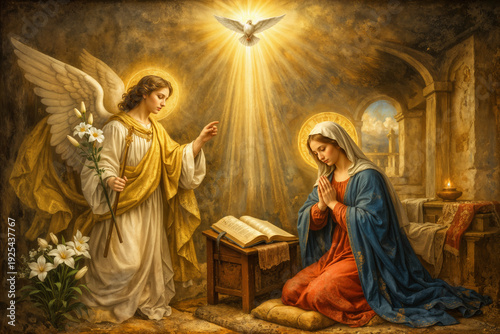 Feast of the Annunciation March 25 historic Annunciation scene Archangel Gabriel announces incarnation to Virgin Mary with white lily dove divine light Nazareth interior