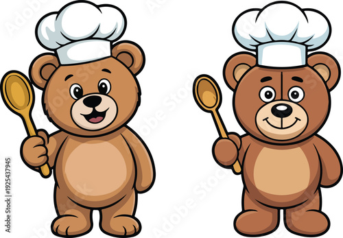 Cute Teddy Bear Chef Outline Manual Design Set Baking Pastry and Bread