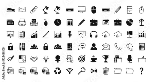 Black Silhouette Office Combined Icon Set – 50 Minimal Vector Icons