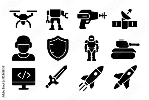 Futuristic icons set: technology, robotics, and space exploration