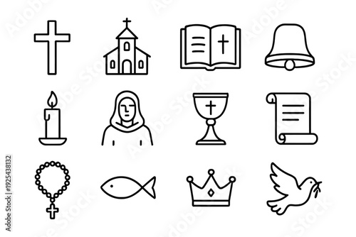 Minimalist christian symbols set: cross, church, bible, dove, and more in simple line style