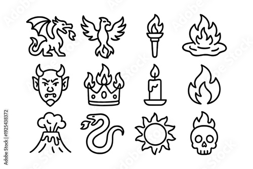 Mythical and fiery line art icons: dragons, phoenix, and more