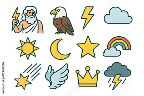 Mythical and celestial icons collection: zeus, lightning, clouds, and more in flat line art