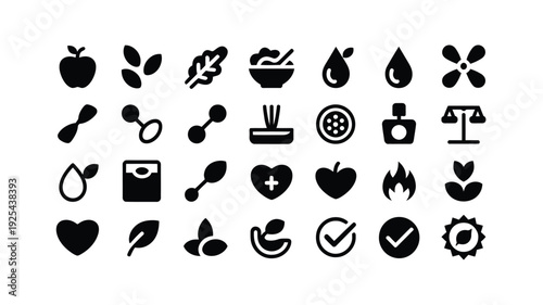 Collection of healthy lifestyle icons including food fitness and wellness symbols in black on white background