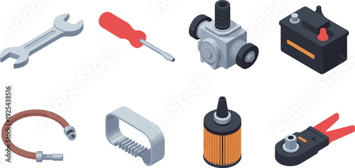 Isometric automotive tools and car parts set including wrench screwdriver battery filter and mechanical components illustration