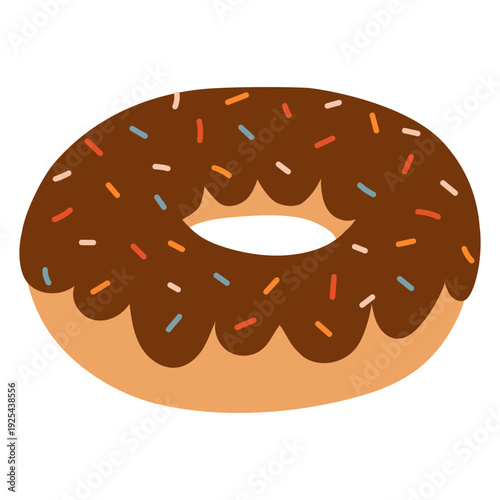 Chocolate glazed donut with sprinkles. Sweet bakery illustration for cafe menu design, packaging, dessert branding and seasonal promotion. Hand drawn vector illustration.