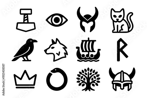 Set of norse mythology icons with viking, nordic symbols and animals