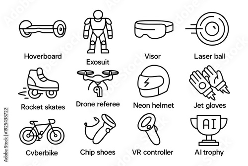 Futuristic tech innovations: gadgets and gear icons in linear style