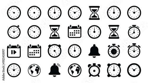 Collection of various clock and calendar icons in black on white background for time management and scheduling concepts