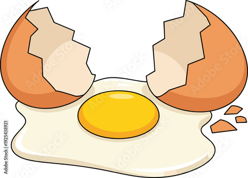 Minimalist cracked egg illustration with bright yolk and broken shell halves, fresh raw food vector graphic