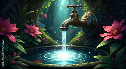 A decorative ornate faucet is integrated into a vibrant magical forest wall, steadily dripping glowing ethereal water into a luminous pool below.