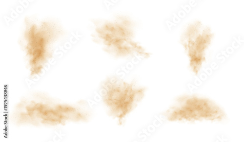 Brown dust powder with flying sand smog, dust haze cloud overlay texture, random sandy-smoke splashes vector set