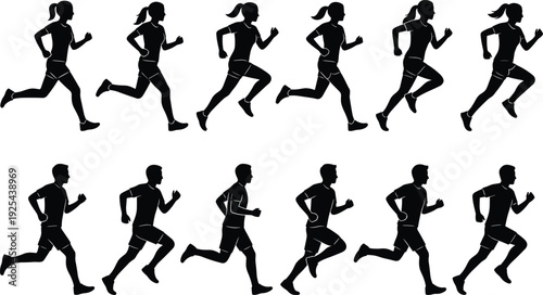 Running Athlete Silhouette Set Featuring Male and Female Joggers in Motion Showing Fitness Training, Sport Activity and Healthy Lifestyle Concept