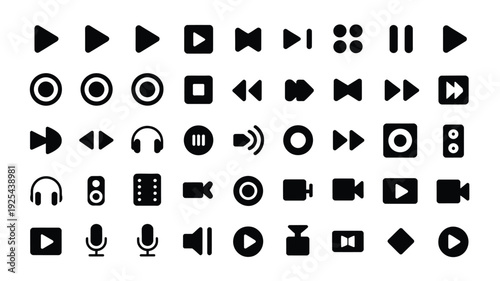 Collection of black video and audio playback icons on white background for multimedia and editing software