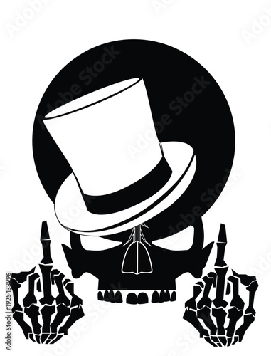 Skull logo gentlmen with cylinder hat and middle finger up