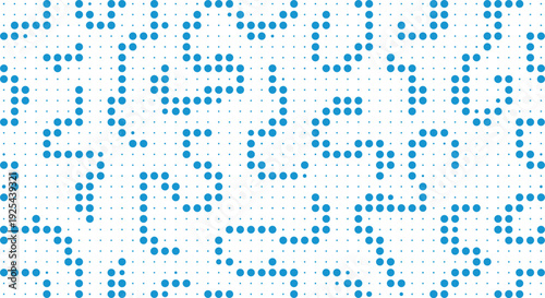 Abstract pattern of blue dots forming a digital maze or circuit board design on a with vector illustration