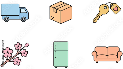春の引越しや新生活を彩るパステルカラーのアイコン素材です。ふんわりとした優しい色合いが、新しい暮らしへの希望や期待感を引き立てます。SNSの告知や広告などのビジュアルとして幅広くご活用いただけます。