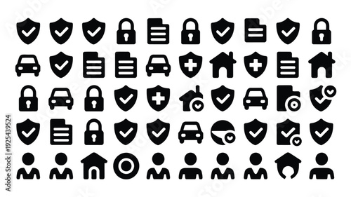 Black icons of security protection and safety symbols with checkmarks locks and shields on white background for business and technology concepts