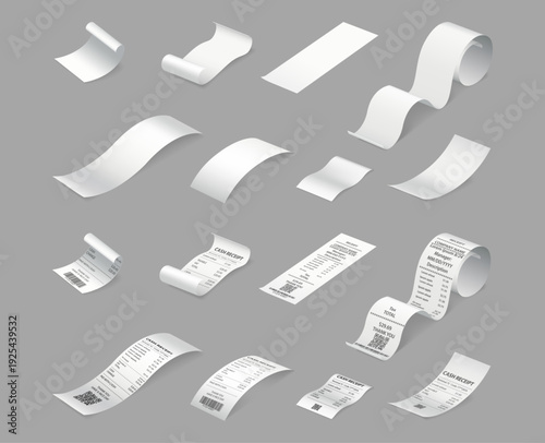 Cash receipts and empty paper sheets. Vector isolated realistic long bills with qr codes and blank pages. Documents for accounting, corporate or financial visuals. Invoices or financial statements