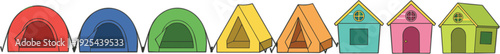 Colorful camping tents and tiny houses in a row minimalist outdoor travel and glamping vector illustration